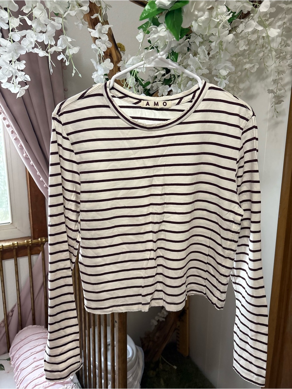 AMO Cream & Burgundy Red Striped Long Sleeve Tee